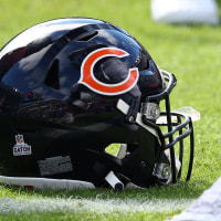 Oct 15, 2023; Chicago, Illinois, USA; A detailed view of the Chicago Bears helmet before the game against the Minnesota Vikings at Soldier Field. Mandatory Credit: Mike Dinovo-USA TODAY Sports