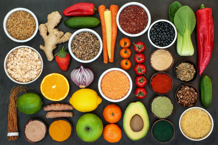 Fruit, vegetables, herbs, spices, grains, seeds, cereals.